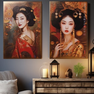 Japanese gold geisha DS0666 by artist Ksavera set of 2 giclee prints on stretched canvas, black or gold edges. READY to HANG diptych image 8