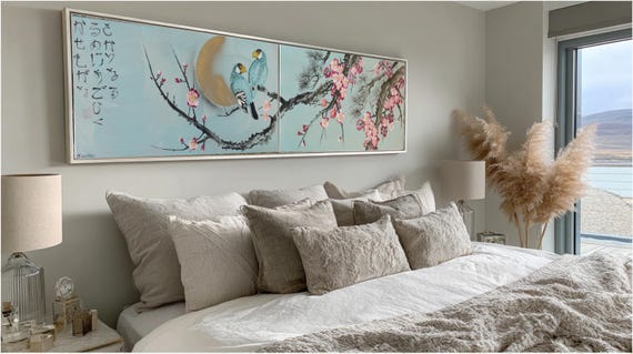 Original Acrylic Painting Cherry Blossom Love Birds J251 Japanese Art by Ksavera