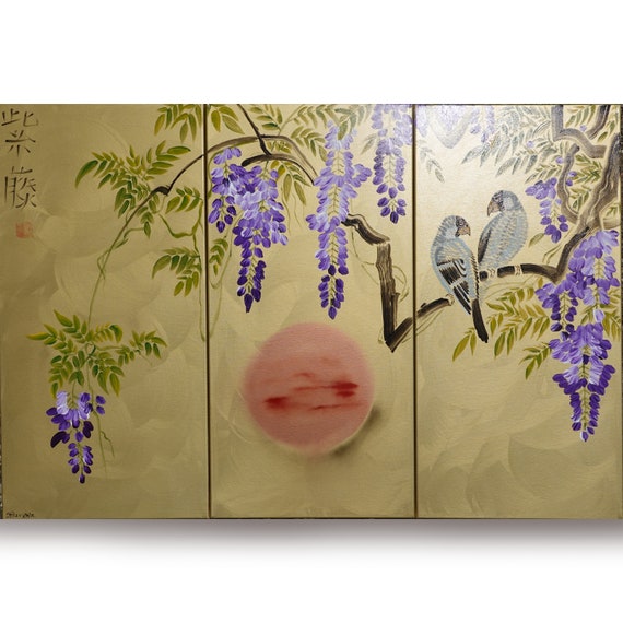 Japanese lilac wisteria and love birds J225 - large gold triptych, original art, japanese style paintings by artist Ksavera