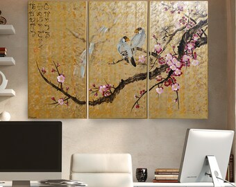Japan Art Cherry Blossom and Love Birds J242 | Large Gold Wall Art