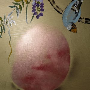 The image is a painting featuring a blue bird perched on a branch with purple flowers. The painting is set against a beige background with a large pink circle in the center.