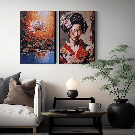 Japanese gold geisha DS0246 by artist Ksavera - set of 2 giclee prints on stretched canvas, black or gold edges. READY to HANG - diptych
