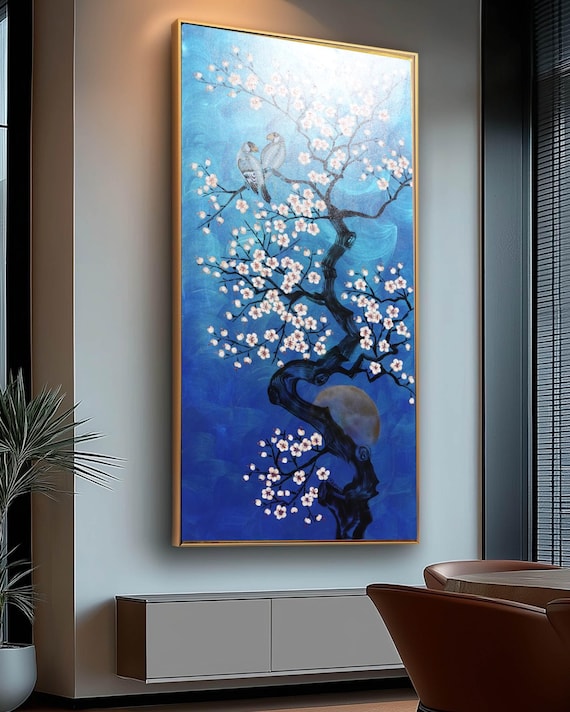 Japanese Birds J509 | Original Acrylic Painting on Large Canvas | japandi Blue Wall Art by Ksavera
