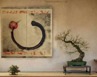 Zen Enso Acrylic Painting, Japanese Gold wall art (Diptych Canvas) J223 by Ksavera