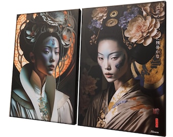 Japanese gold geisha DS0249 by artist Ksavera - set of 2 giclee prints on stretched canvas, black or gold edges. READY to HANG - diptych