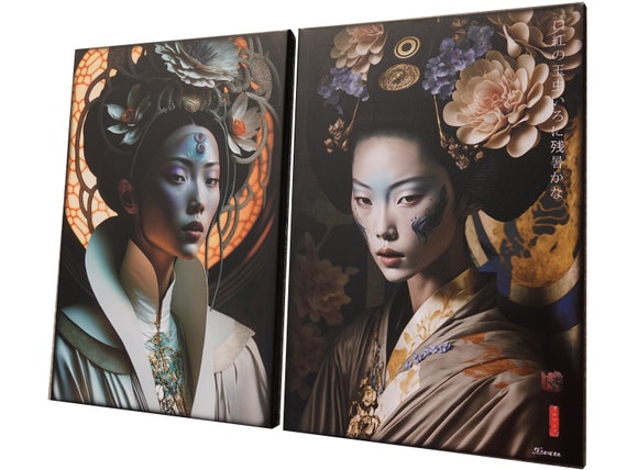 Japanese gold geisha DS0249 by artist Ksavera - set of 2 giclee prints on stretched canvas, black or gold edges. READY to HANG - diptych