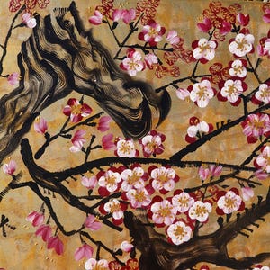 The image is a painting of a tree with pink and white flowers, featuring a black trunk and branches.