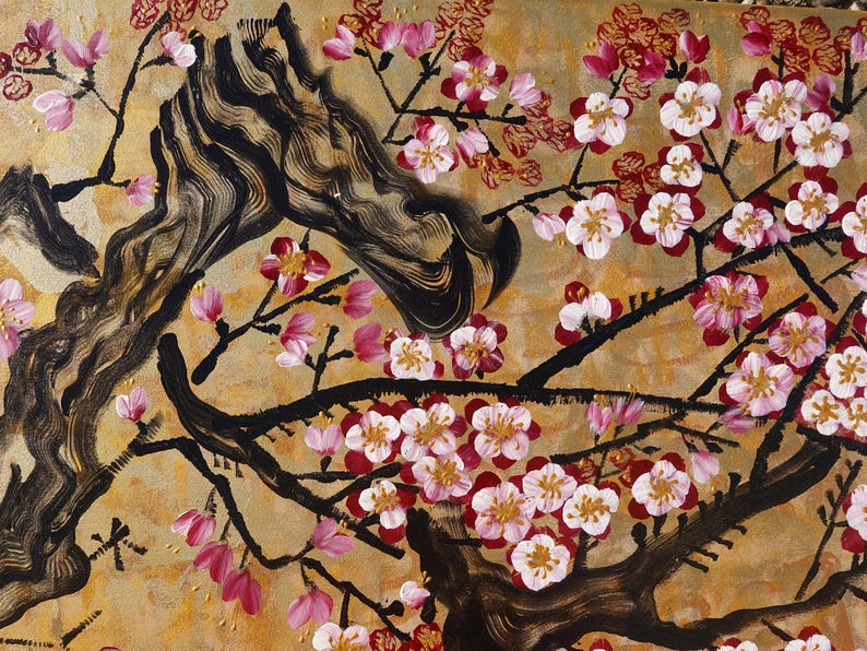 The image is a painting of a tree with pink and white flowers, featuring a black trunk and branches.