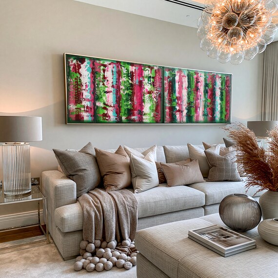 Green pink diptych - long abstract paintings A639 - acrylic painting by artist Ksavera