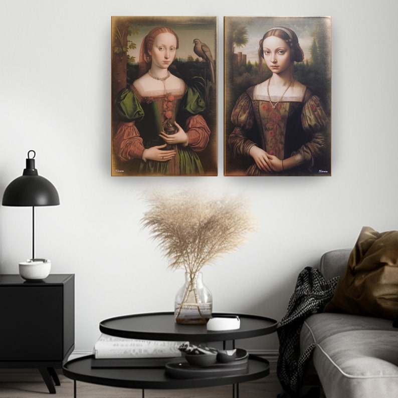 May include: Two framed paintings of women in Renaissance-style clothing. The woman on the left is holding a small bird in her hand. The woman on the right is wearing a pearl necklace. Both paintings have a gold frame.
