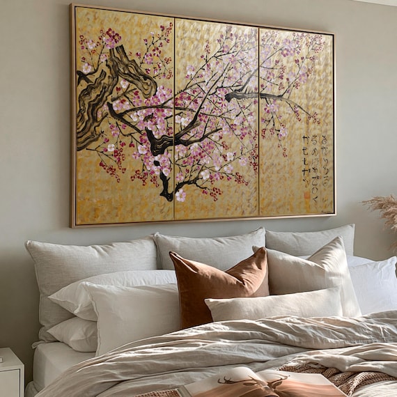 Japanese sakura J236 - large gold triptych, original art, japanese style paintings, cherry blossoms