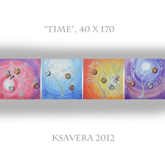 Original Landscape Large Abstract Painting Tree of life KSAVERA "Time of day" 16x68 Floral mixed media collage Art Nouveau World Modern