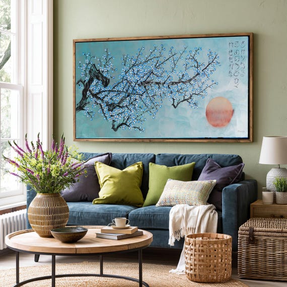Cherry Blossoms J538 | Large Horizontal Teal Silver Japanese Painting | Ksavera
