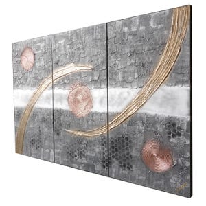 The image is a triptych artwork featuring abstract geometric shapes and patterns in shades of gray, gold, and red.