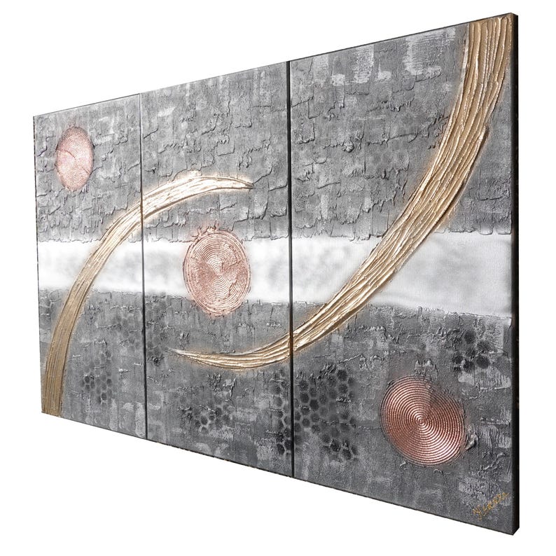 The image is a triptych artwork featuring abstract geometric shapes and patterns in shades of gray, gold, and red.
