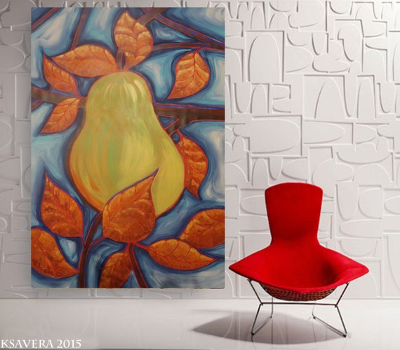 pear painting dining room art pear art contemporary artwork on unstretched canvas 64" by Ksavera large wall art