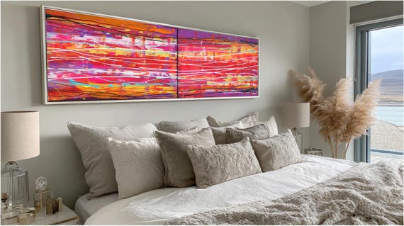 Pink Red Abstract Painting A122 Original Acrylic Diptych on Canvas by Ksavera