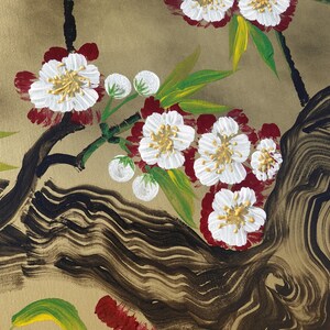 The image is a close-up of a painting featuring white flowers with green leaves on a brown background.