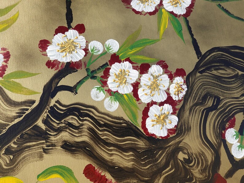 The image is a close-up of a painting featuring white flowers with green leaves on a brown background.