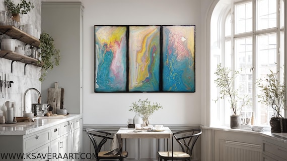 Blue Fluid Triptych Painting A1118 Original Large Acrylic Artwork by Ksavera