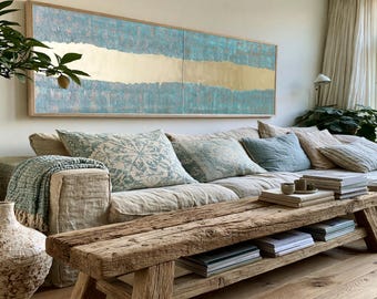 Tweeluik in koperpatina en goud, lang smal canvas, wanddecoratie met textuur A342 van Ksavera