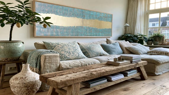 Copper Patina Abstract Painting A342 Gold Stripe, Textured Diptych by Ksavera