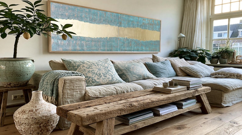 a cozy living room with a large window, a comfortable sofa with patterned pillows, a wooden coffee table, and a large abstract painting on the wall.