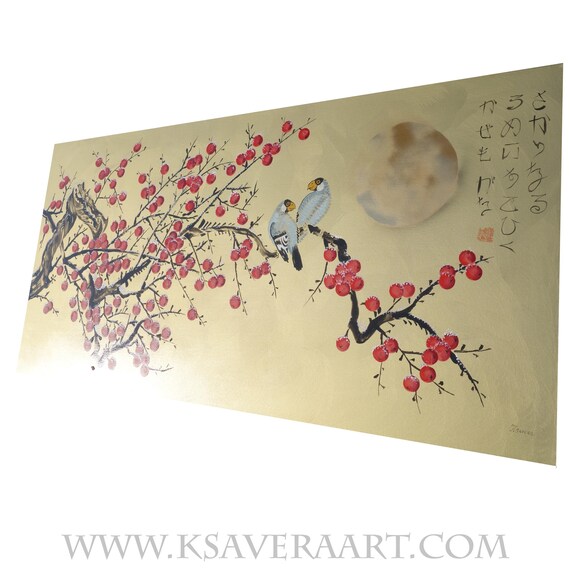 Japanese birds J395 by artist Ksavera - gold extra large original acrylic painting on unstretched canvas 100x210cm