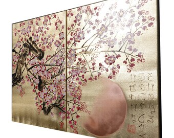 Dipinti acrilici giapponesi dorati - Sakura J379 - Dipinti giapponesi in stile giapponese - Originali dell'artista Ksavera