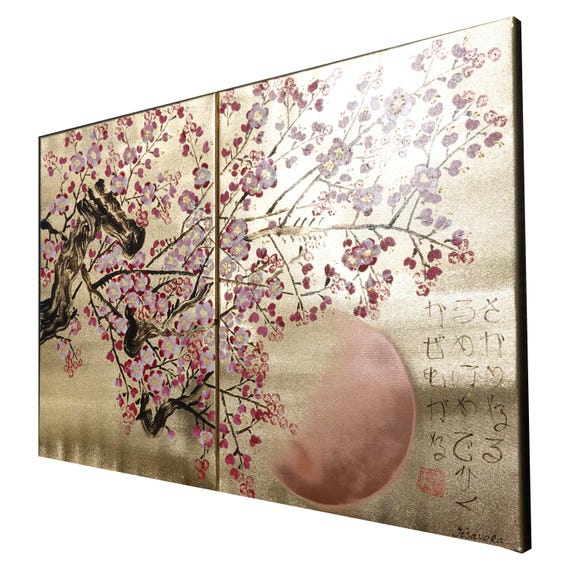 Acrylic painting on gold canvas Cherry blossom J379 Japan wall art by artist Ksavera