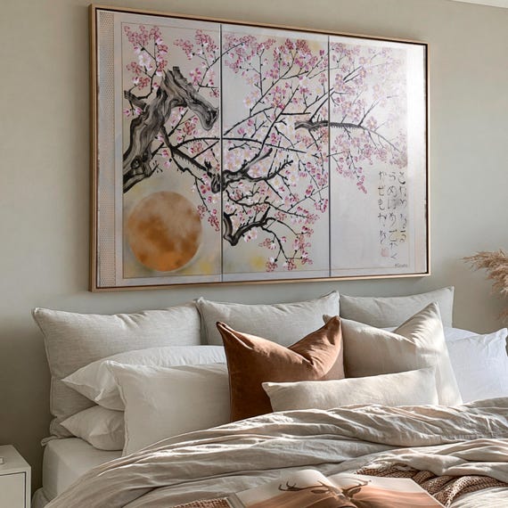 Japanese sakura J293 - silver lilac triptych, original painting, japandi style paintings by artist Ksavera