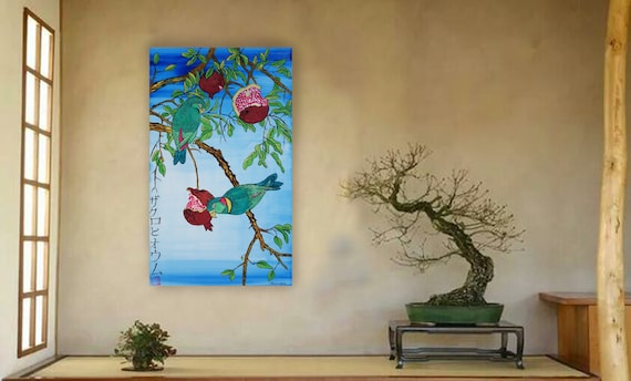 pomegranate and parrots Japan Hieroglyph original artwork in japanese style J102 painting wall art by artist Ksavera