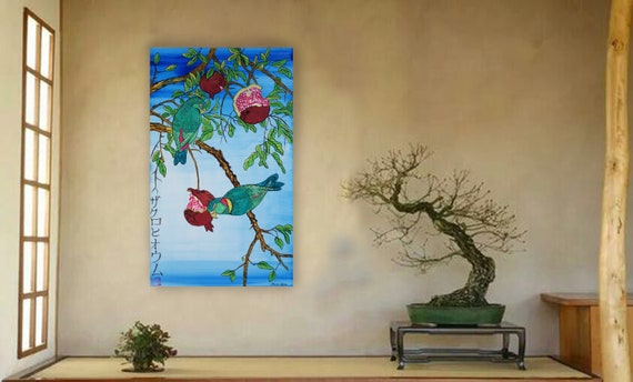 pomegranate and parrots Japan Hieroglyph original artwork in japanese style J102 painting wall art by artist Ksavera