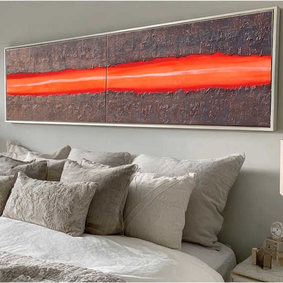 Neon Orange Stripe Painting A235 Textured Rusty Iron Canvas Set of 2 by Ksavera