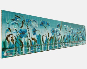 Blue Poppies in rain B201 - luxurious diptych - floral acrylic paintings by artist Ksavera