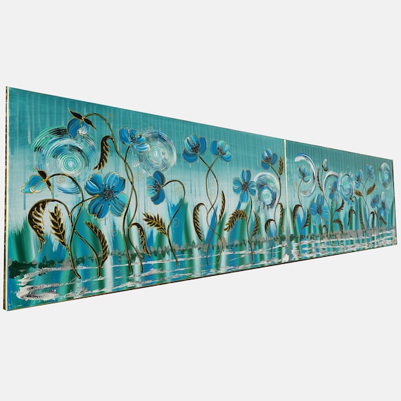 Blue Poppies in rain B201 - luxurious diptych - floral acrylic paintings by artist Ksavera