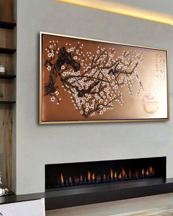 Bronze Japanese Painting Sakura J421 | Modern Wall Art | Bronze Original Canvas | Contemporary Home Decor | Ksavera