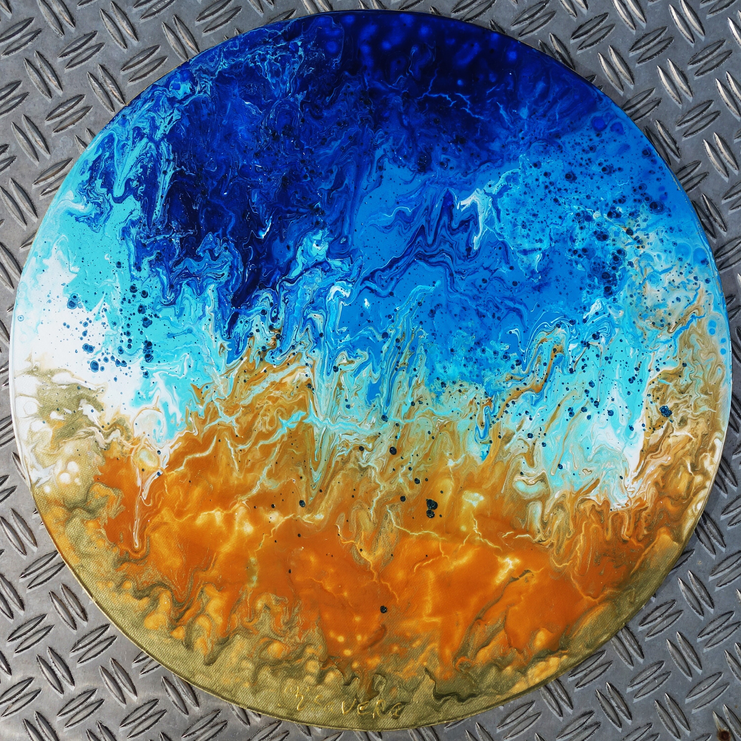 seashore fluid painting, Blue Ocean, Abstract Set of 3 round paintings