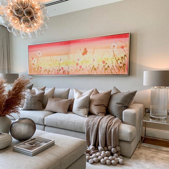 Red Dandelion Meadow Painting B006 - Large Abstract Floral Wall Art - Ksavera