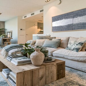 a cozy and inviting living room with a large white sofa, a wooden coffee table, and various decorative elements such as potted plants, vases, and books. The room has a warm and welcoming atmosphere, with a large window providing natural light and a view of the outdoors.