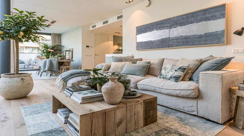 a cozy and inviting living room with a large white sofa, a wooden coffee table, and various decorative elements such as potted plants, vases, and books. The room has a warm and welcoming atmosphere, with a large window providing natural light and a view of the outdoors.