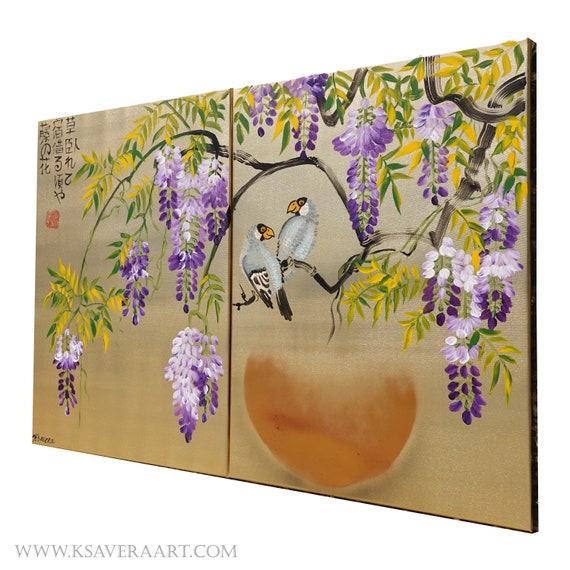 Gold paintings J321 - Wisteria and love birds - Japanese style painting Japan art stretched canvas acrylic wall art by artist Ksavera