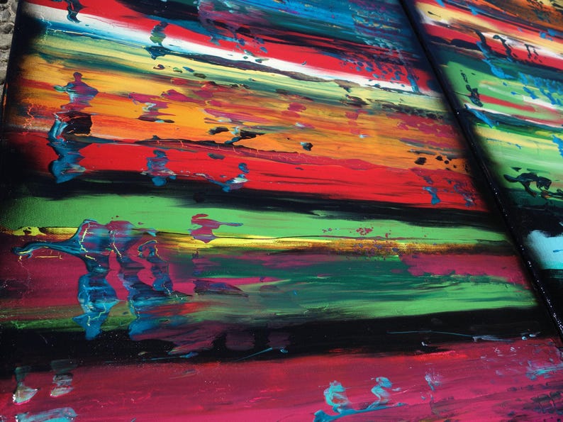 The image is a vibrant, abstract painting with bold, colorful brushstrokes and a sense of movement across the canvas.