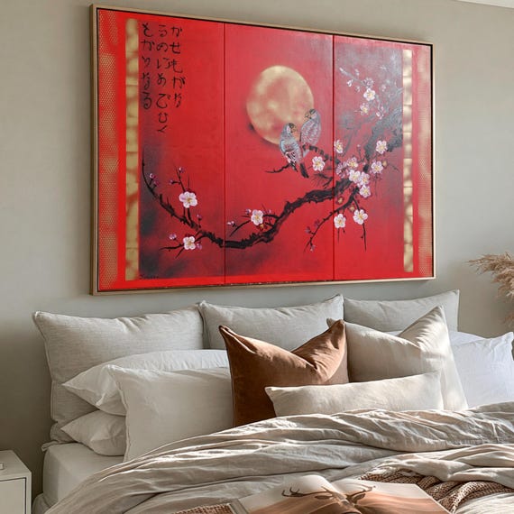 Rot Japan art cherry blossom and love birds Japanese style Zen painting J187 Large paintings acrylic gold wall art by artist Ksavera 