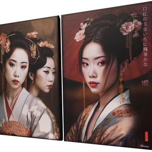 The image is a collage of two photographs featuring women in traditional Japanese attire, with one woman wearing a kimono and the other wearing a geisha outfit.