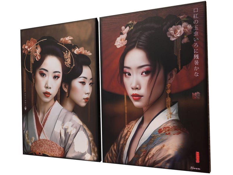 The image is a collage of two photographs featuring women in traditional Japanese attire, with one woman wearing a kimono and the other wearing a geisha outfit.