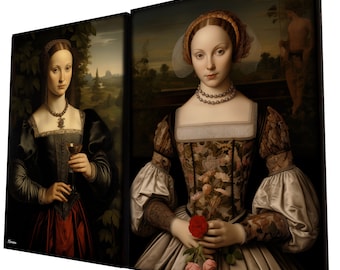 Renaissance portrait DS0664 by artist Ksavera - set of 2 giclee prints on stretched canvas, black or gold edges. READY to HANG - diptych