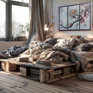 a cozy and rustic bedroom with a large bed, wooden furniture, and a window overlooking a cityscape. The room has a mix of natural and modern elements, including a wooden pallet bed frame, a wooden bookshelf, and a wooden side table. The room also features a potted plant, a vase, and a painting on the wall, creating a warm and inviting atmosphere.