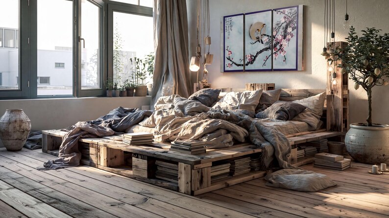 a cozy and rustic bedroom with a large bed, wooden furniture, and a window overlooking a cityscape. The room has a mix of natural and modern elements, including a wooden pallet bed frame, a wooden bookshelf, and a wooden side table. The room also features a potted plant, a vase, and a painting on the wall, creating a warm and inviting atmosphere.