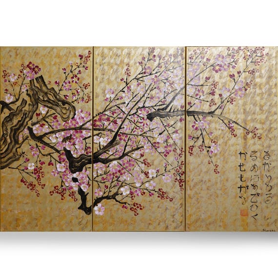 Japanese Sakura J236 - Large Gold Triptych, Original Art